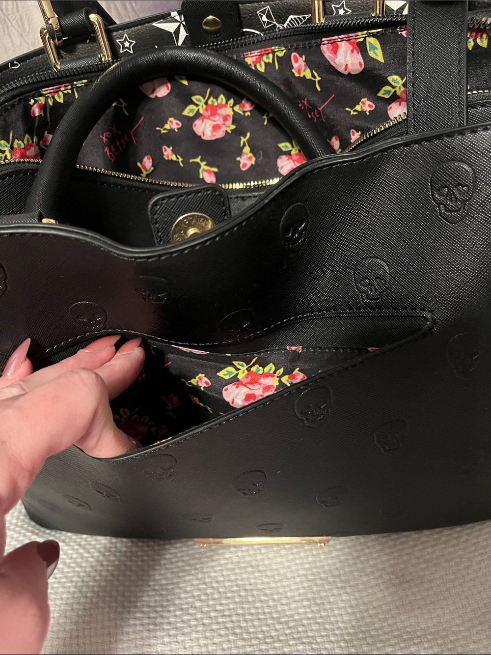Betsey Johnson Black Satchel with Embossed Skull Pattern - Picture 5 of 5